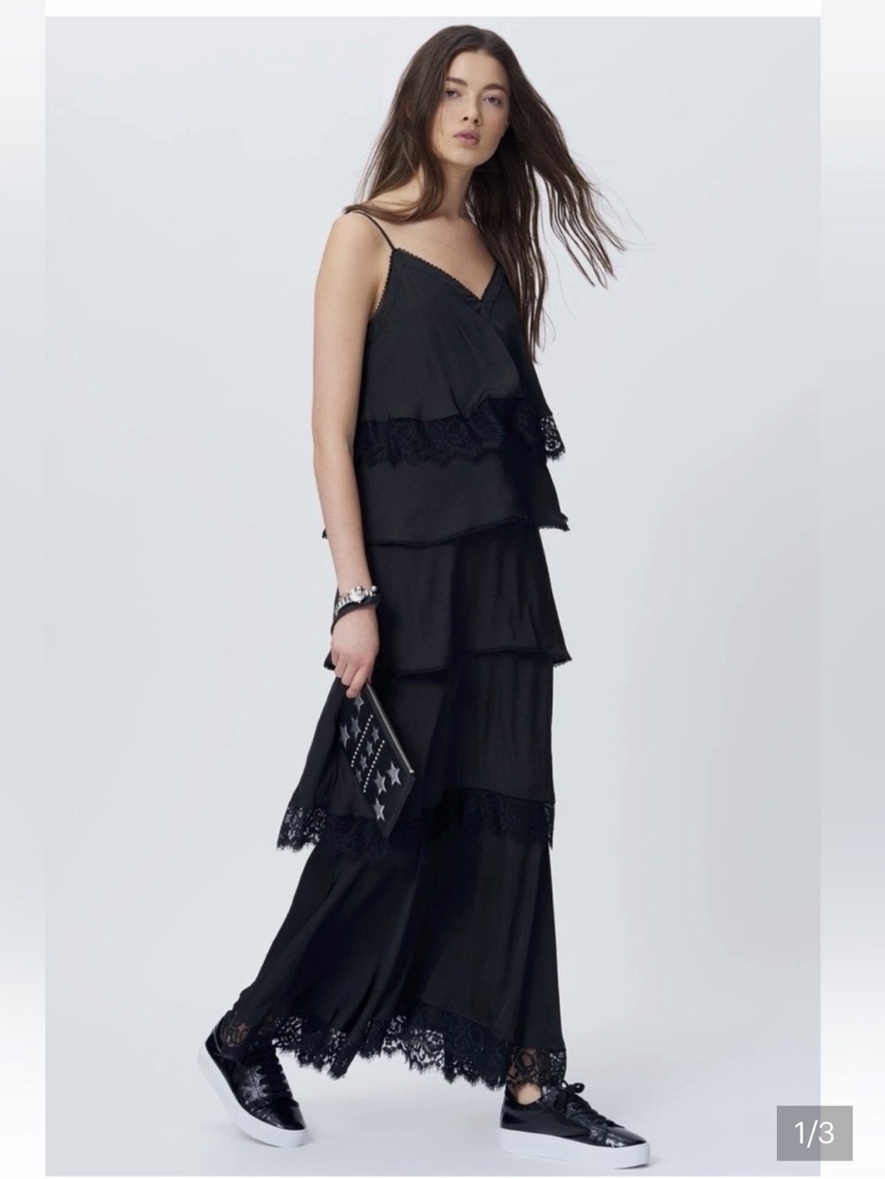 Rebecca Minkoff Piper Maxi Summer Lace Trim Black Tiered Dress